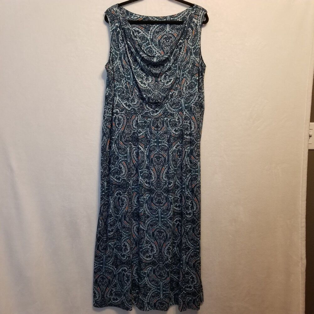 Nic & Zoe 1X Dress Maxi Cowel Neck Blue Paisley Boho Office Coastal Cruise